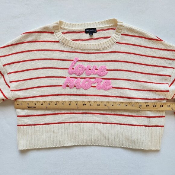 Originality Striped Love More Cropped Sweater Cream Red Knit Preppy Cute Cozy - Picture 8 of 9
